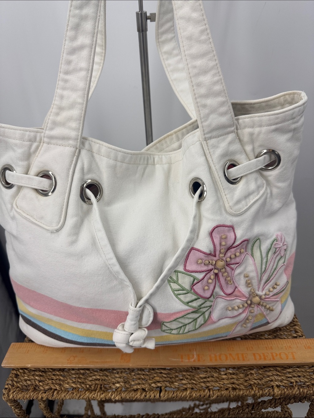 Joe Boxer canvas bag cream drawstring, embroidered pink florals beach carry all